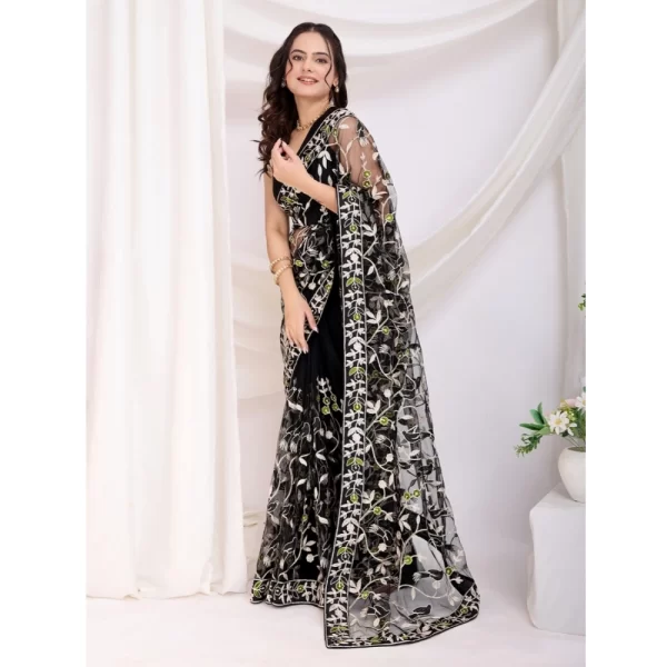 Women's Soft Net Thread Embroidery Saree With Unstitched Blouse 5.5Mtr (Black)