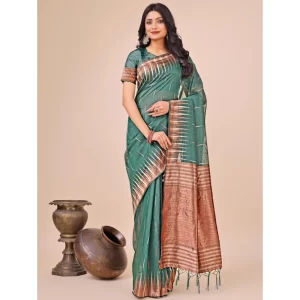 Women’s Linen Cotton Wevon Jacquard Saree With Unstitched Blouse 5.5Mtr (Green)
