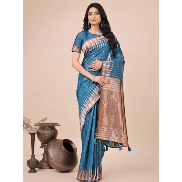 Women's Linen Cotton Wevon Jacquard Saree With Unstitched Blouse 5.5Mtr (Blue)