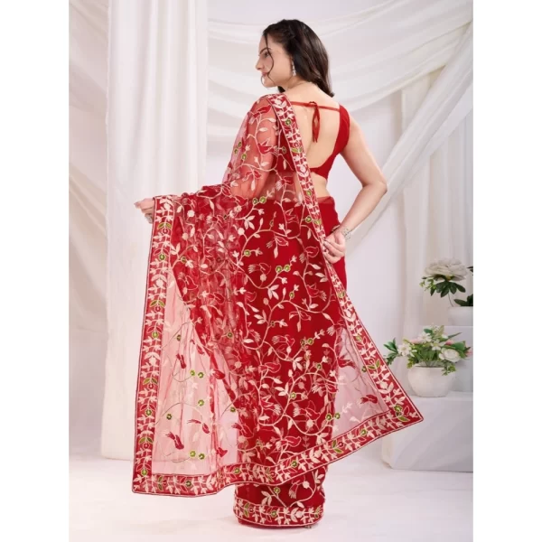 Women's Soft Net Thread Embroidery Saree With Unstitched Blouse 5.5Mtr (Maroon)