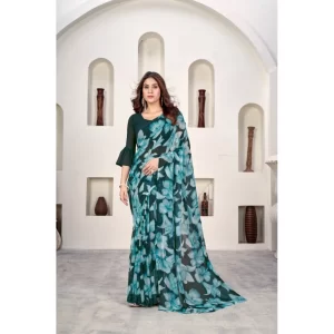 Women’s Polyster Printed Saree With Unstitched Blouse 5.5Mtr (Teal)