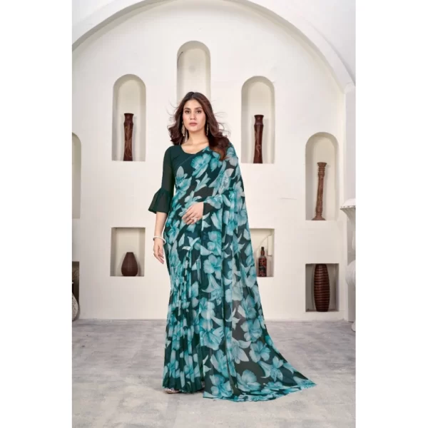 Women's Polyster Printed Saree With Unstitched Blouse 5.5Mtr (Teal)