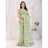 Women's Soft Net Thread Embroidery Saree With Unstitched Blouse 5.5Mtr (Pista)