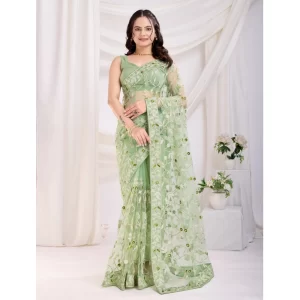 Women’s Soft Net Thread Embroidery Saree With Unstitched Blouse 5.5Mtr (Pista)