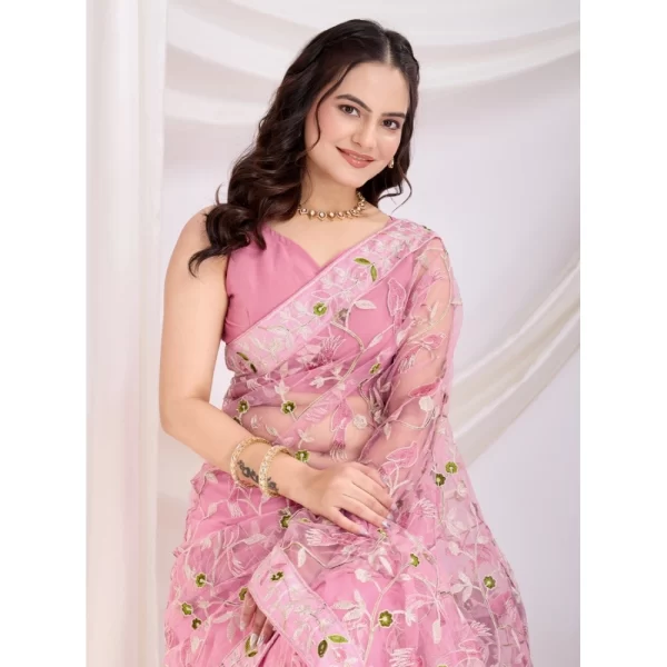 Women's Soft Net Thread Embroidery Saree With Unstitched Blouse 5.5Mtr (Pink)