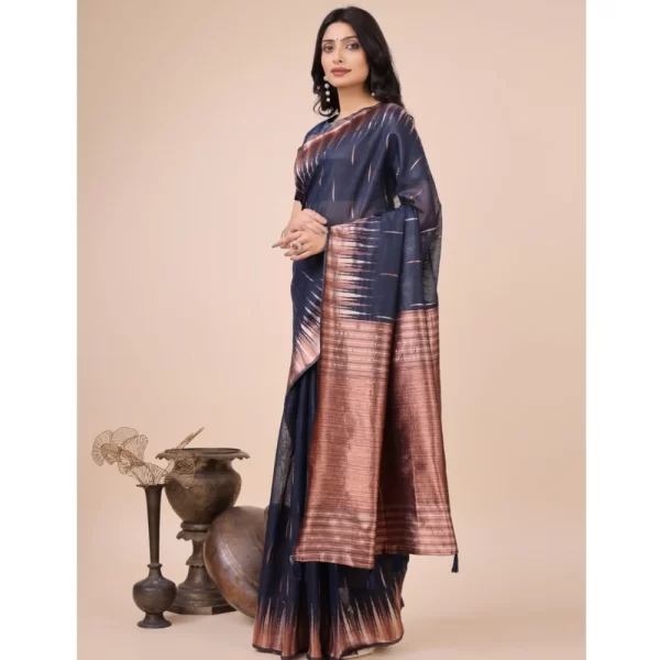Women's Linen Cotton Wevon Jacquard Saree With Unstitched Blouse 5.5Mtr (Navy Blue)