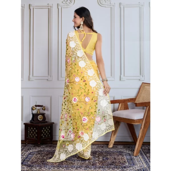 Women's Soft Net Thread Embroidery Saree With Unstitched Blouse 5.5Mtr (Yellow)