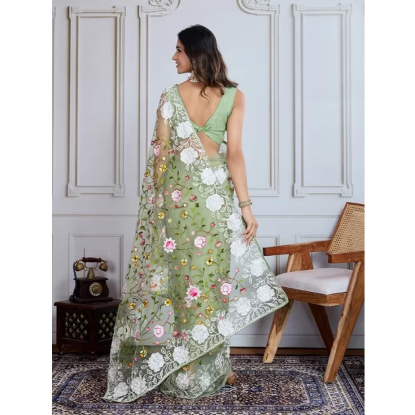 Women's Soft Net Thread Embroidery Saree With Unstitched Blouse 5.5Mtr (Pista)