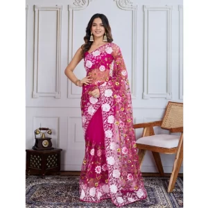 Women’s Soft Net Thread Embroidery Saree With Unstitched Blouse 5.5Mtr (Dark Pink)