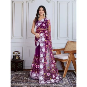 Women’s Soft Net Thread Embroidery Saree With Unstitched Blouse 5.5Mtr (Purple)