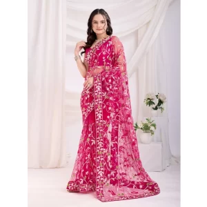 Women’s Soft Net Thread Embroidery Saree With Unstitched Blouse 5.5Mtr (Dark Pink)
