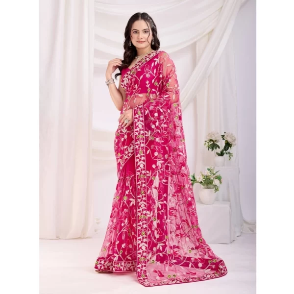 Women's Soft Net Thread Embroidery Saree With Unstitched Blouse 5.5Mtr (Dark Pink)