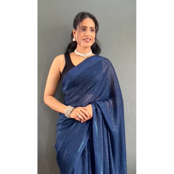 Women's Chiffon Solid Ready to wear Saree With Unstitched Blouse 5.5 Mtr (Blue )