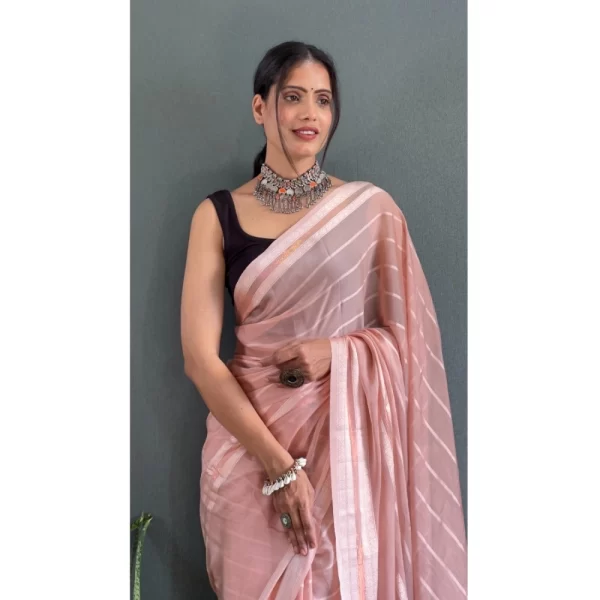 Women's Chiffon Striped Ready to wear Saree With Unstitched Blouse 5.5 Mtr (Peach)