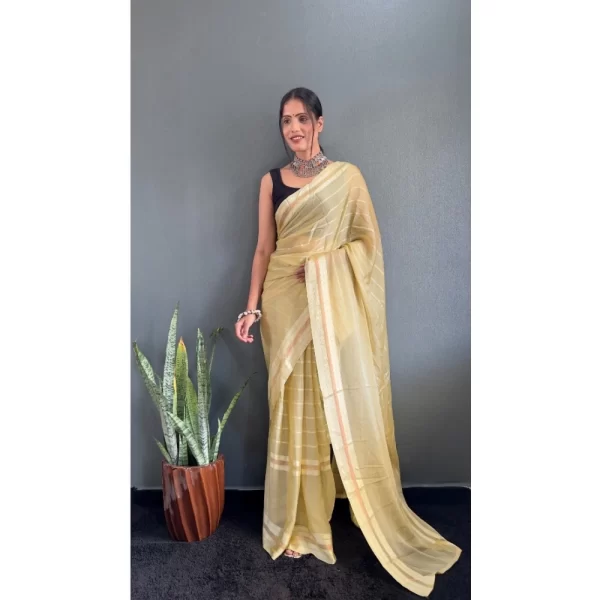 Women's Chiffon Striped Ready to wear Saree With Unstitched Blouse 5.5 Mtr (Yellow)