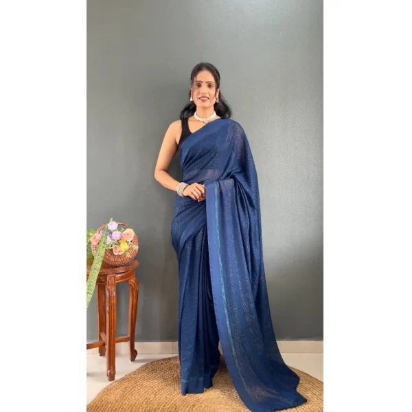 Women's Chiffon Solid Ready to wear Saree With Unstitched Blouse 5.5 Mtr (Blue )
