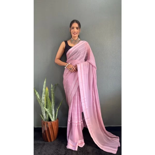 Women's Chiffon Striped Ready to wear Saree With Unstitched Blouse 5.5 Mtr (Pink)
