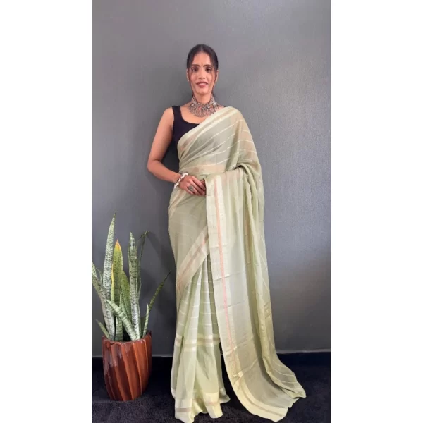 Women's Chiffon Striped Ready to wear Saree With Unstitched Blouse 5.5 Mtr (Pista )