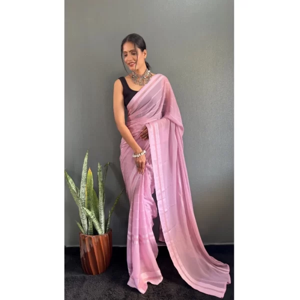Women's Chiffon Striped Ready to wear Saree With Unstitched Blouse 5.5 Mtr (Pink)