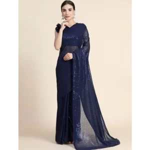 Women’s Georgette Embellished Sequnece Bollywood Saree With Unstitched Blouse 5.5Mtr (Blue)
