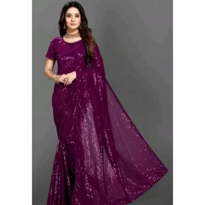 Women’s Georgette Embellished Sequnece Bollywood Saree With Unstitched Blouse 5.5Mtr (Purple)