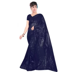 Women’s Georgette Embellished Sequnece Bollywood Saree With Unstitched Blouse 5.5Mtr (Blue)