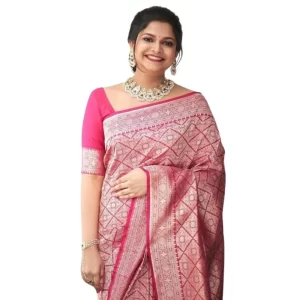 Women’s Silk Printed Saree With Unstitched Blouse 5.5Mtr (Pink)