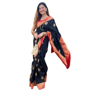 Women’s Silk Printed Saree With Unstitched Blouse 5.5Mtr (Black-Red)