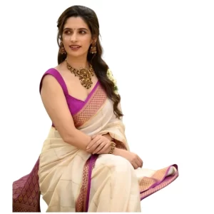 Women’s Silk Printed Saree With Unstitched Blouse 5.5Mtr (Off White-Pink)
