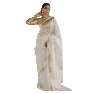 Women’s Cotton  Printed Saree With Unstitched Blouse 5.5Mtr (White)