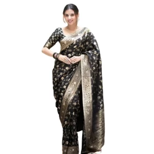 Women’s Silk Printed Saree With Unstitched Blouse 5.5Mtr (Black)