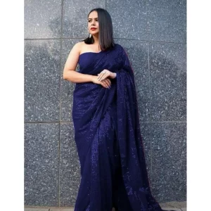 Women’s Georgette Embellished Sequnece Bollywood Saree With Unstitched Blouse 5.5Mtr (Blue)