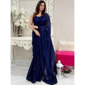 Women’s Georgette Embellished Sequnece Bollywood Saree With Unstitched Blouse 5.5Mtr (Blue)