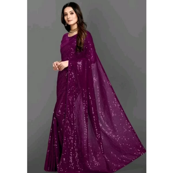 Women's Georgette Embellished Sequnece Bollywood Saree With Unstitched Blouse 5.5Mtr (Purple)