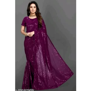 Women’s Georgette Embellished Sequnece Bollywood Saree With Unstitched Blouse 5.5Mtr (Purple)