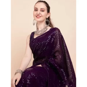 Women’s Georgette Embellished Sequnece Bollywood Saree With Unstitched Blouse 5.5Mtr (Purple)