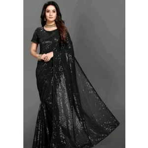 Women’s Georgette Embellished Sequnece Bollywood Saree With Unstitched Blouse 5.5Mtr (Black)