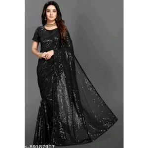 Women’s Georgette Embellished Sequnece Bollywood Saree With Unstitched Blouse 5.5Mtr (Black)