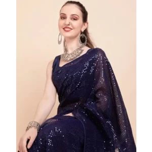 Women’s Georgette Embellished Sequnece Bollywood Saree With Unstitched Blouse 5.5Mtr (Blue)
