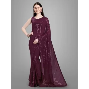 Women’s Georgette Embellished Sequnece Bollywood Saree With Unstitched Blouse 5.5Mtr (Purple)