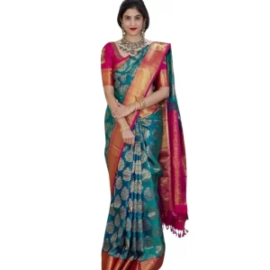 Women’s Silk Printed Saree With Unstitched Blouse 5.5Mtr (Teal Blue)