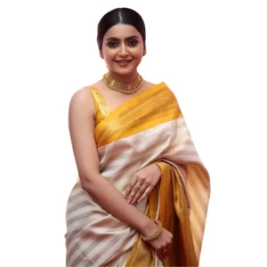 Women’s Silk Printed Saree With Unstitched Blouse 5.5Mtr (Off White-Yellow)