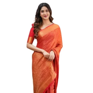 Women’s Silk Printed Saree With Unstitched Blouse 5.5Mtr (Orange)