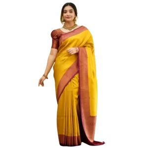 Women’s Silk Printed Saree With Unstitched Blouse 5.5Mtr (Yellow)
