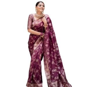 Women’s Silk Printed Saree With Unstitched Blouse 5.5Mtr (Wine)