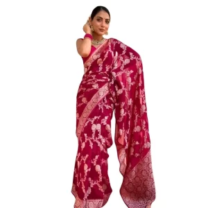 Women’s Silk Printed Saree With Unstitched Blouse 5.5Mtr (Pink)