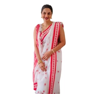 Women’s Cotton  Printed Saree With Unstitched Blouse 5.5Mtr (White-Pink)