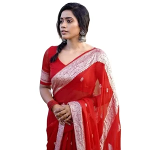 Women’s Cotton  Printed Saree With Unstitched Blouse 5.5Mtr (Red)