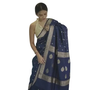 Women’s Cotton  Printed Saree With Unstitched Blouse 5.5Mtr (Navy Blue)