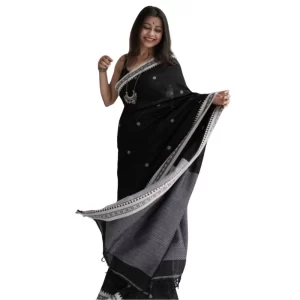 Women’s Cotton  Printed Saree With Unstitched Blouse 5.5Mtr (Black)